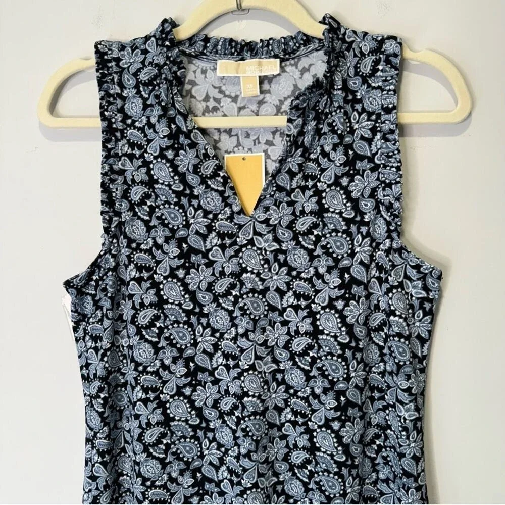 NWT Michael Kors Paisley Boho‎ Soft Stretch Mini V-neck Sleeveless Dress XS Blue
